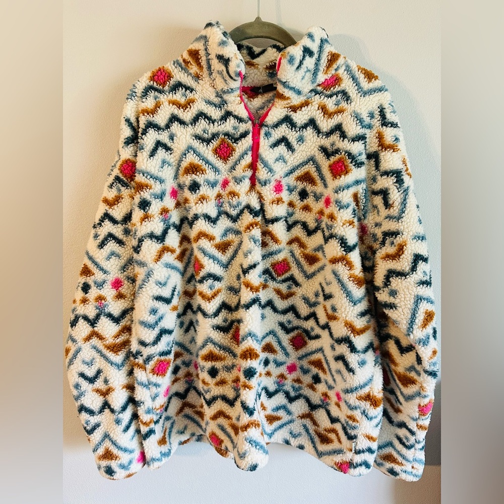Eddie Bauer Vanilla Aztec Fleece Pullover 1/4 Zip Ulta Soft Plush Womens XL
